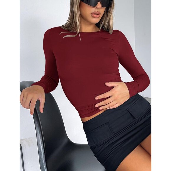 Long Sleeve Crop Top Women Cotton Spandex Slim Fit Fall Outfit - Picture 4 of 5
